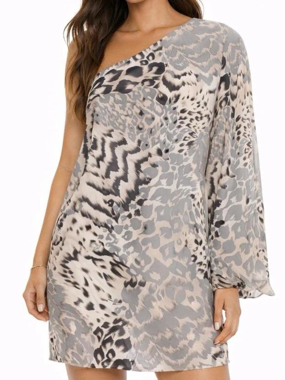 One-Shoulder 100% Silk Animal Print Mini Dress in Neutral Gray